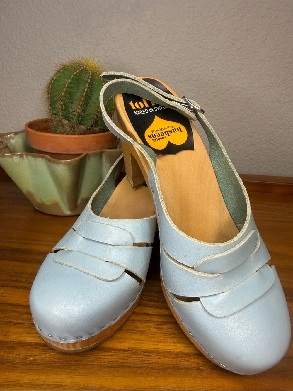 Swedish Hasbeens’ Light Blue Leather Slingback Clogs